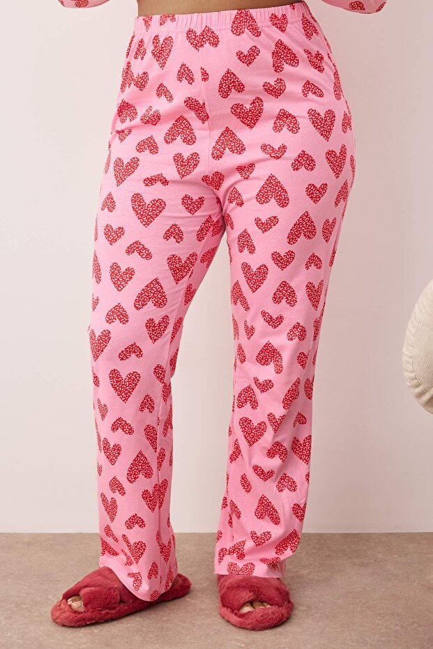 Pembe %100 Pamuklu Kalp & Leopar Desenli Gömlek-Pantolon Örme Pijama Takımı TBBAW26AI00017 - 4
