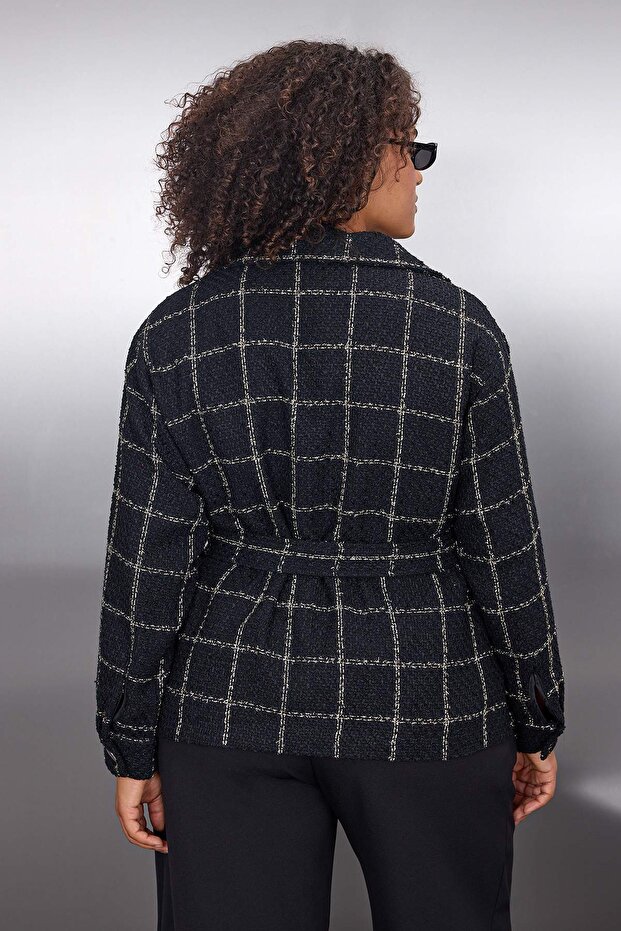 Czarna kratka/kratka Tkanina Tweed Podszewka Duży rozmiar Kurtka TBBAW26AG00017 - 3