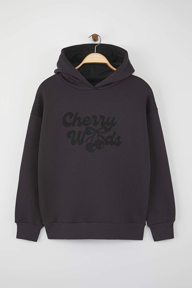 Antrasit Oversize/Geniş Kalıp Kiraz Sırt Baskılı Kalın İçi Polarlı Örme Sweatshirt TWOAW26SW00019 - 6