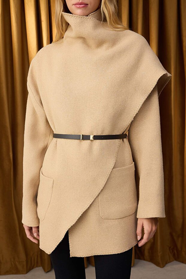 Specjalna kolekcja Beżowy szal Oversize krótki płaszcz z paskiem TWOAW26KB00046 - 5