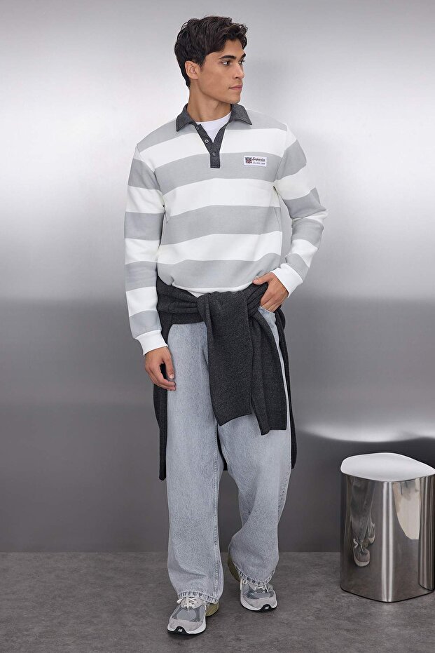 Ekru Regular/Normal Kesim Polo Yaka Çizgili İçi Polarlı Pamuklu Sweatshirt TMNAW24SW00240 - 2