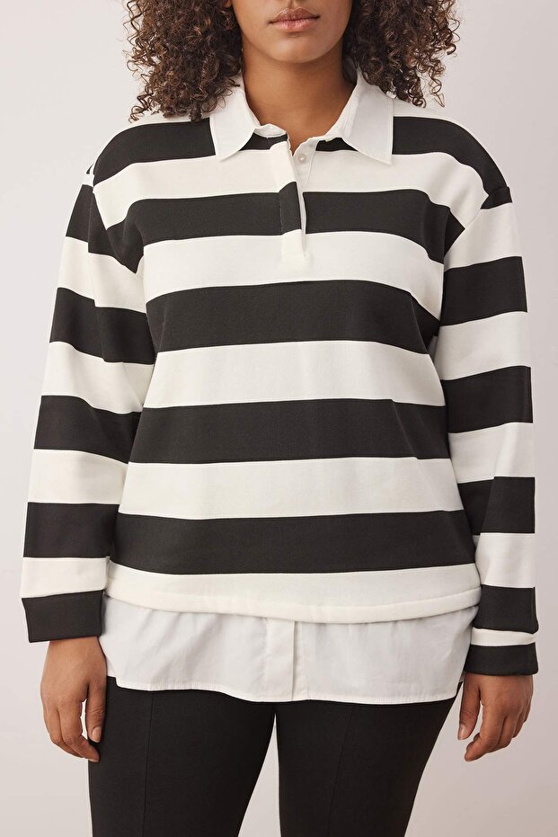 Siyah-Beyaz Çizgili Alttan Gömlek Çıkmalı Örme Büyük Beden Sweatshirt TBBAW25SW00000 - 3