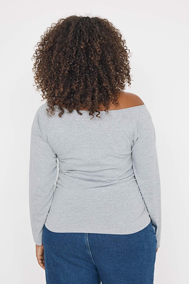 Teen Gri Melanj Omzu Açık Süprem Örme Büyük Beden Bluz TBBAW26AF00048 - 4