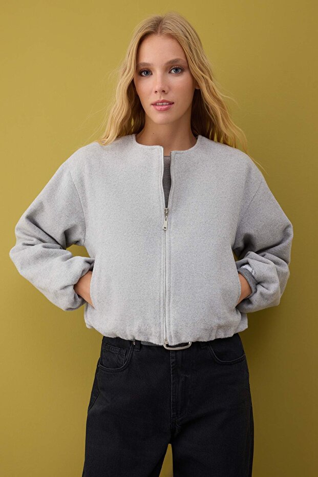 Gri Oversize Kalıp Kaşe Bomber Ceket Mont TWOAW26MO00143 - 2