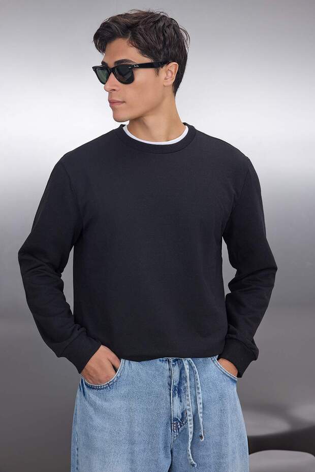 Siyah Regular/Normal Kesim İçi Polar/Sıcak Tutan Sweatshirt TMNAW21SW1208 - 6