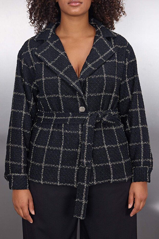 Czarna kratka/kratka Tkanina Tweed Podszewka Duży rozmiar Kurtka TBBAW26AG00017 - 2