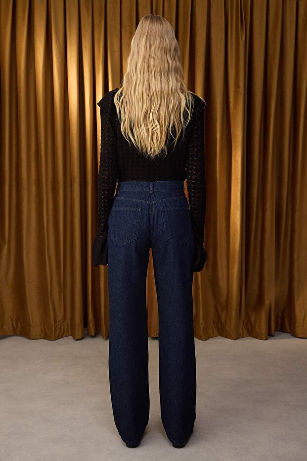 Özel Koleksiyon Koyu Mavi Kuş Gözü Bağlama Detaylı Yüksek Bel Wide Leg Jeans TWOAW26JE00042 - 6