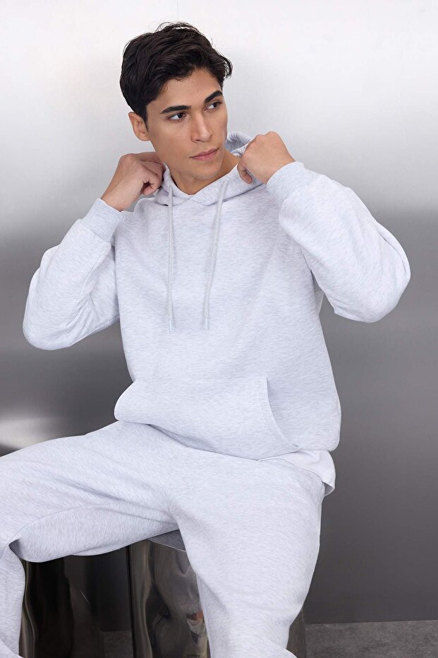 Gri Melanj Regular Kesim Kapüşonlu İçi Polar Sweatshirt Eşofman Takım TMNAW24EM00002 - 2