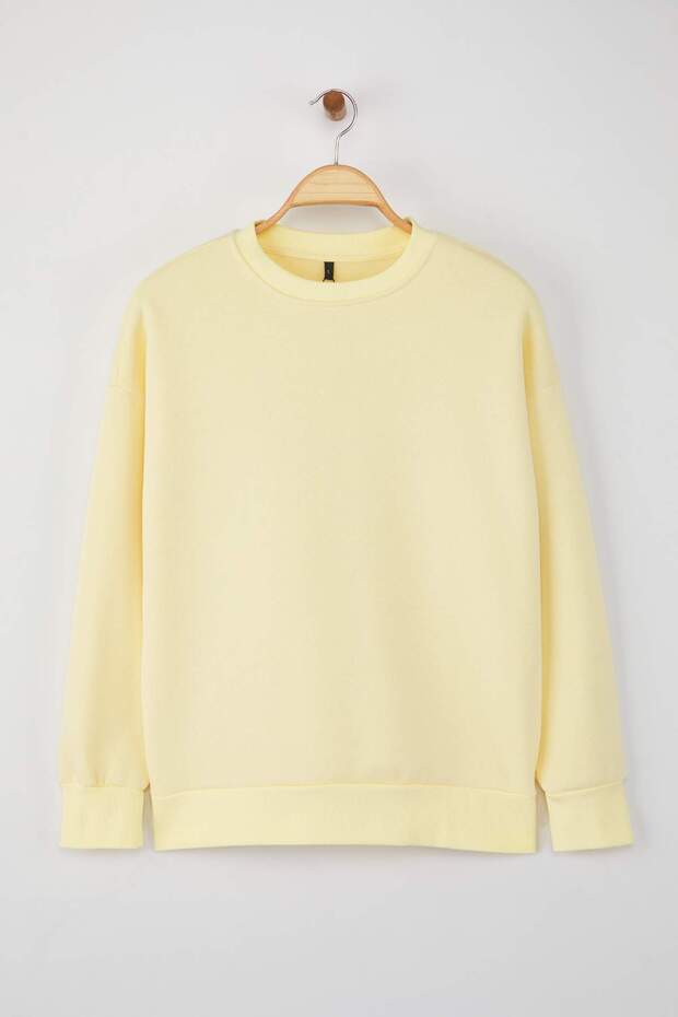 Açık Sarı Oversize/Rahat Kesim Basic Bisiklet Yaka Kalın/İçi polarlı Örme Sweatshirt TWOAW24SW00102 - 5