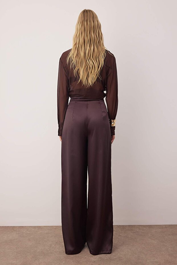 Kahverengi Düz Dokuma Saten Şık/Gece Pantolon TPRSS23PL00001 - 4