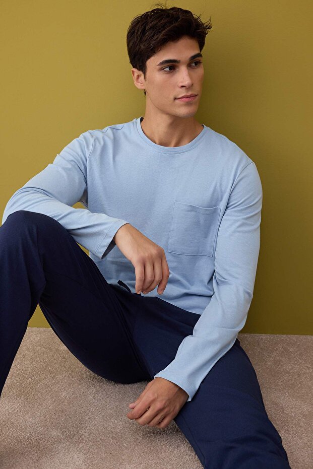 İndigo - Lacivert Regular Fit %100 Pamuk Örme Pijama Takımı TMNAW26PT00005 - 2