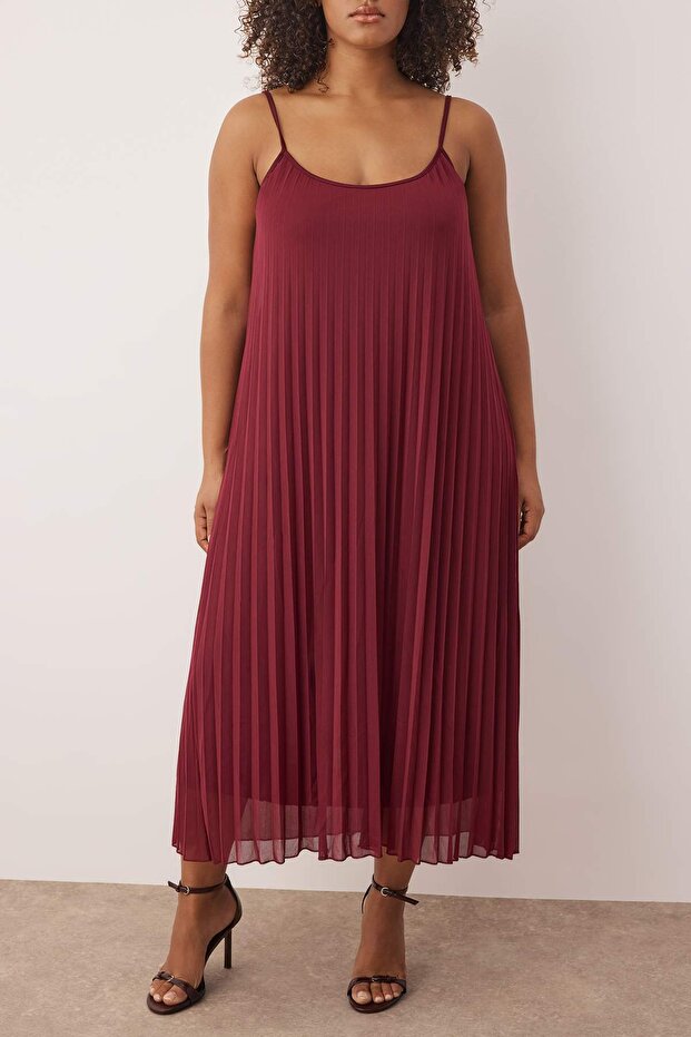 Bordo Tül Örme Büyük Beden Elbise - 3