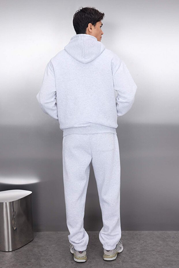 Gri Melanj Regular Kesim Kapüşonlu İçi Polar Sweatshirt Eşofman Takım TMNAW24EM00002 - 4