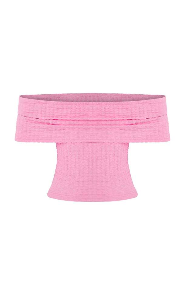 Pembe Dokulu Karmen Yaka Vücuda Oturan Crop Esnek Örme Bluz TWOSS25BZ00602 - 7