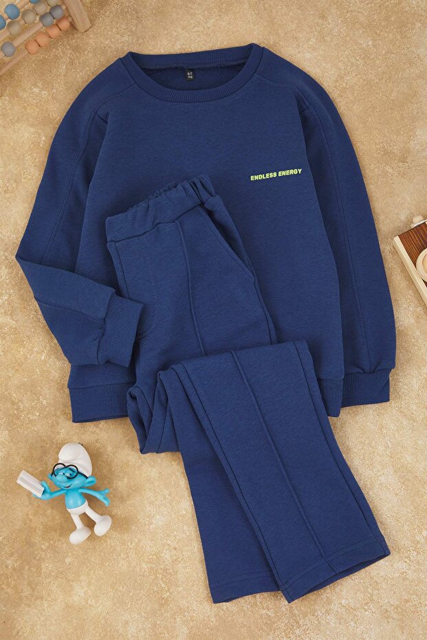 Petrol Pamuklu Düz Örme Unisex Çocuk Sweatshirt ve Eşofman Alt - Üst Takım TKDAW26AU00022 - 4