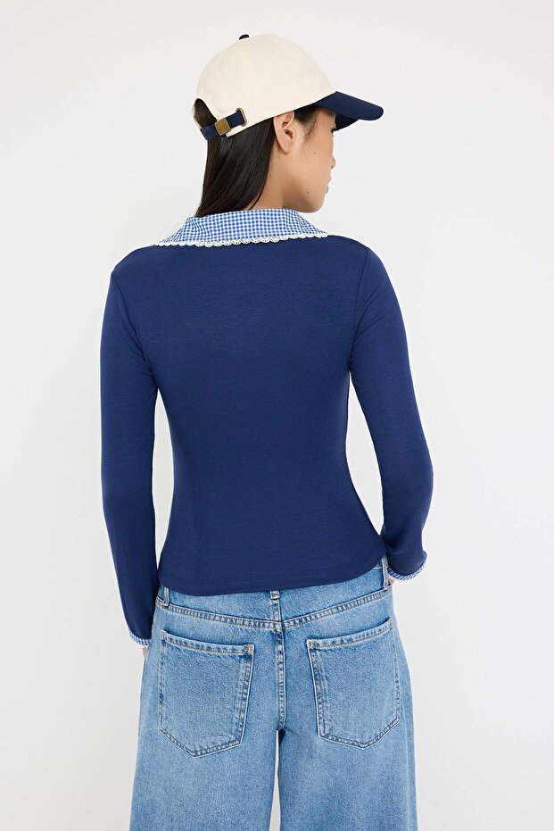 Teen Lacivert Ekose/Kareli Fitted/Vücuda Oturan Dokuma Detaylı Örme Bluz TWOAW26BZ00008 - 4