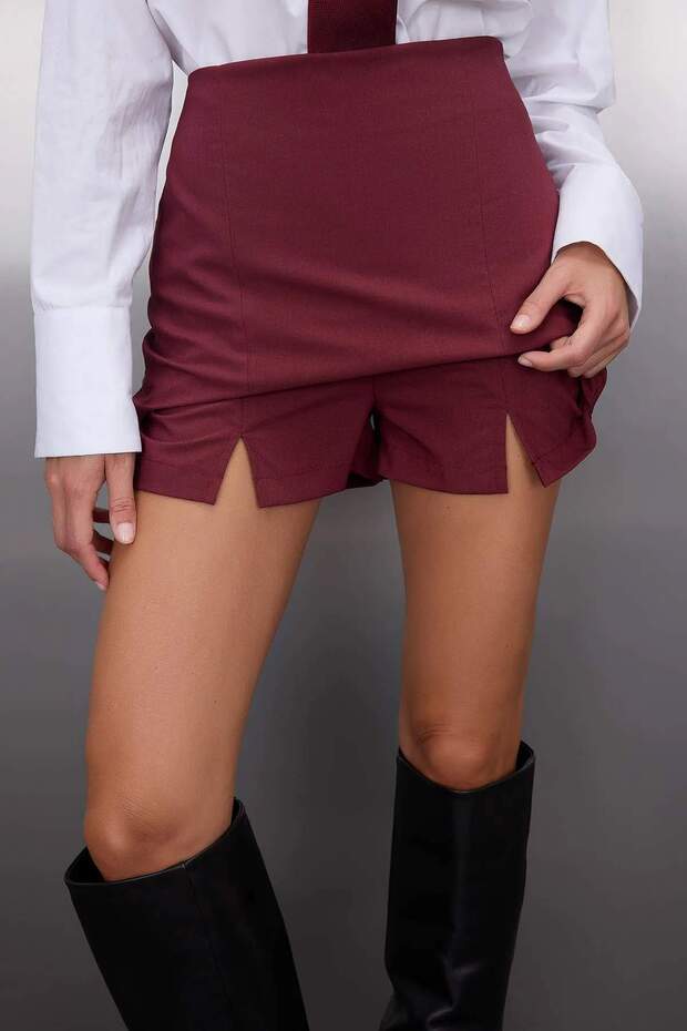 Teen Bordo Fiyonk Detaylı Yırtmaçlı Mini Dokuma Şort Etek TWOAW25SR00021 - 4