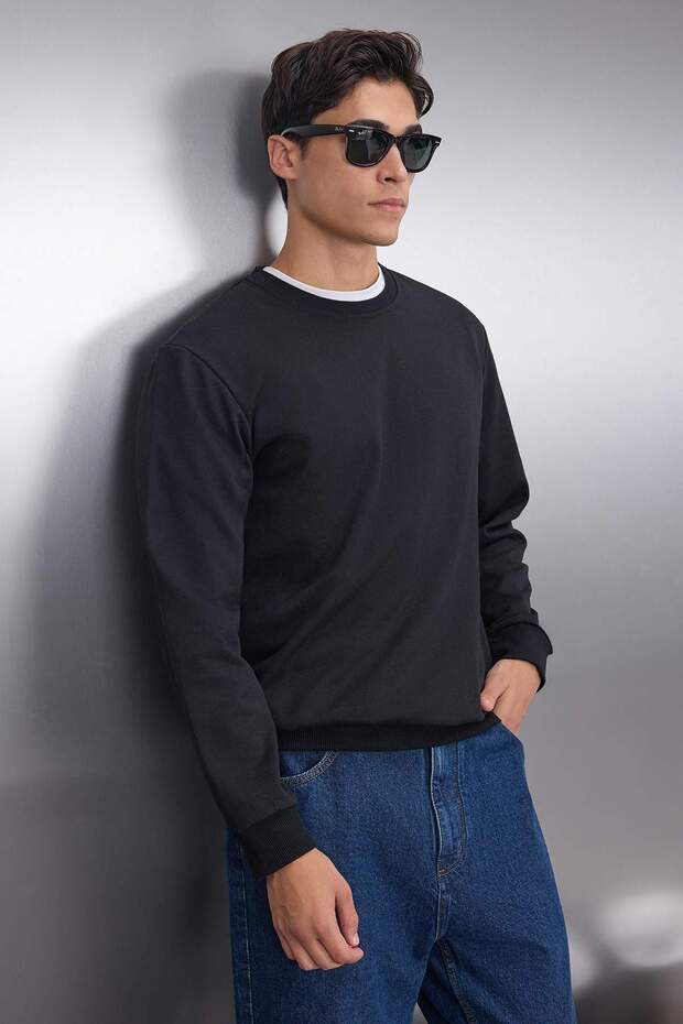 Siyah Regular/Normal Kesim İçi Polar/Sıcak Tutan Sweatshirt TMNAW21SW1208 - 2