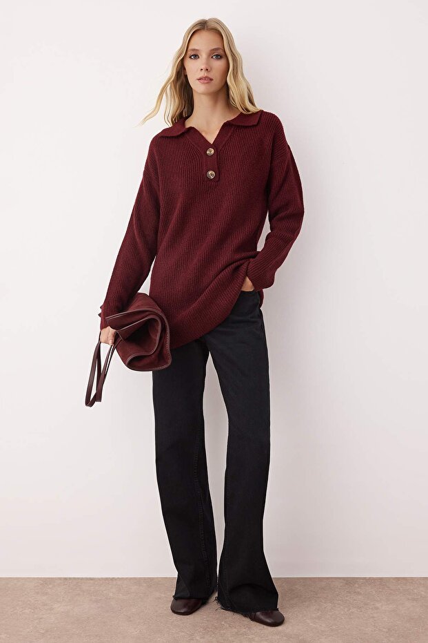 Bordo Polo Yaka Selanik Triko Kazak TCTAW26AK00009
