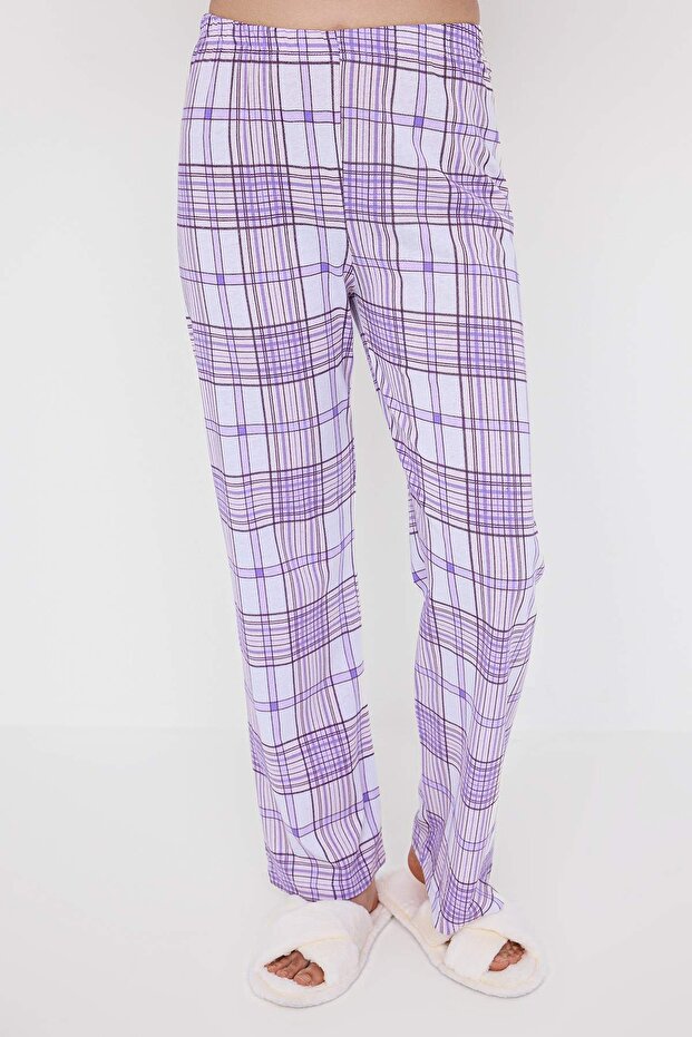 Teen Lila Ekoseli Kedi ve Slogan Baskılı Örme Pijama Takımı THMAW26PT00047 - 3