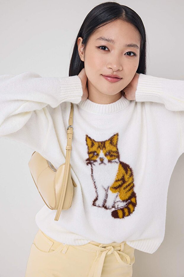 Trendyolmilla  Teen Ekru*001 Kedi Nakışlı Bisiklet Yaka Triko Kazak TWOAW26KZ00230 - Görsel 2