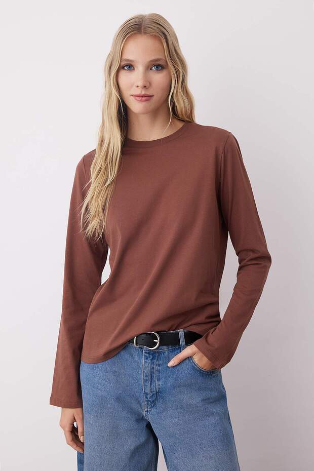 Siyah-Ekru-Kahverengi 3'lü Paket %100 Pamuk Bisiklet Yaka Uzun Kol Oversize/Geniş Kesim Örme T-shirt - 5
