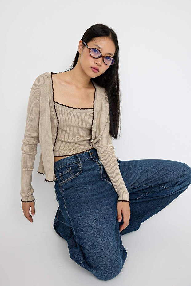 Teen Bej Premium İplik/Özel İplik V Yaka Fitted/Vücudu Saran Triko Hırka TWOAW26HI00021 - 1
