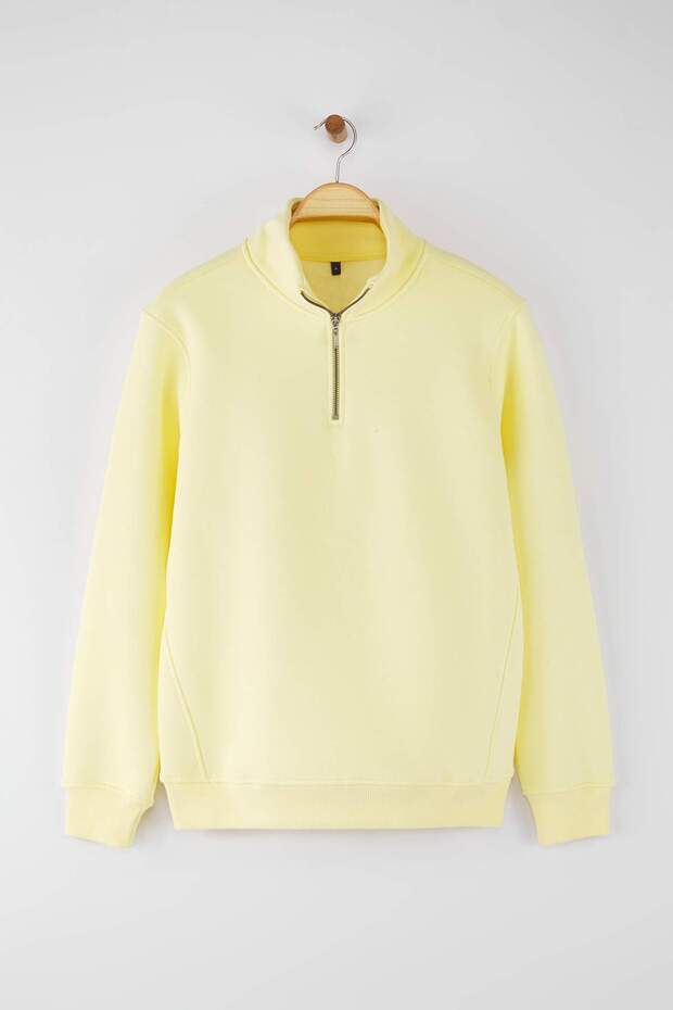 Sarı Regular/Normal Kesim Dik Yaka Fermuarlı Pamuklu Basic İçi Polarlı Sweatshirt TMNAW24SW00041 - 6
