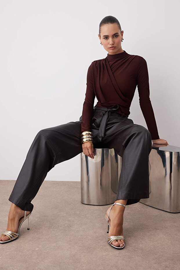 Brown Drawstring Knitted Party Blouse with Padding Detail Tpraw26Bz00020 - 2