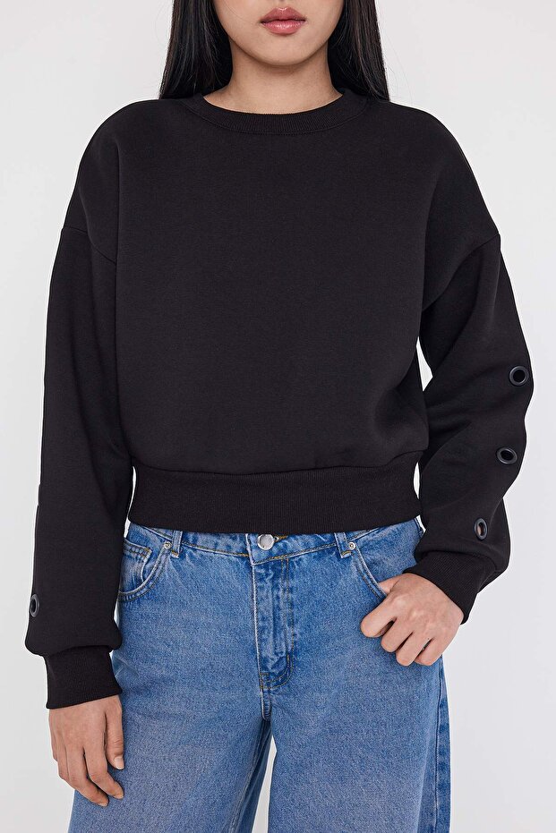 Teen Siyah Kuş Gözü Detaylı Regular/Normal Kalıp Örme Sweatshirt TWOAW26SW00144 - 4