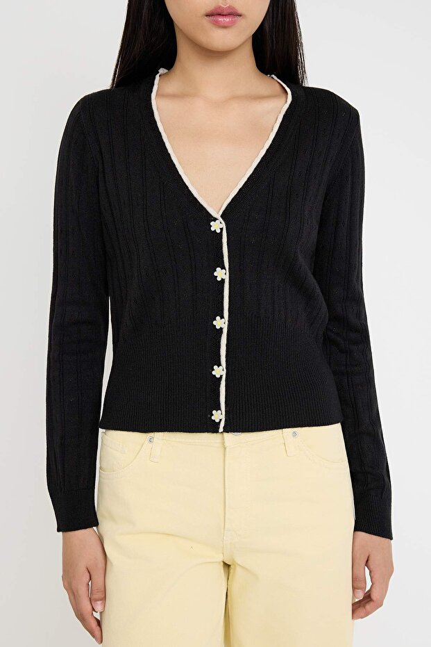 Teen Siyah Ajurlu/Delikli Crop/Kısa Dantel Garnili Detaylı Triko Hırka TWOAW26HI00217 - 4