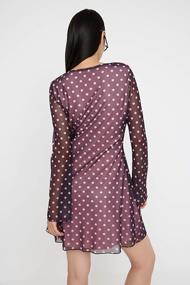Mürdüm Puantiye Baskılı Tül Bodycon Kısa / Mini Astarlı Esnek Örme Elbise TWOAW26EL00138 - 4