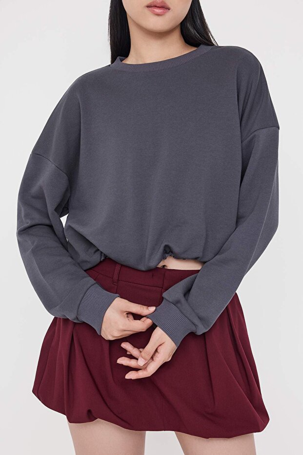 Antrasit Relaxed/Rahat Kalıp Beli Lastikli Crop Örme Sweatshirt TWOAW26SW00000 - 3