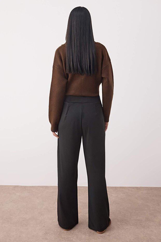 Siyah Düz Wide Leg/Geniş Kesim Lastikli Pileli Esnek Örme Pantolon TWOAW26PL00058 - 4