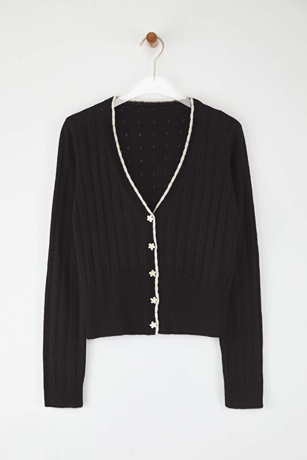 Teen Siyah Ajurlu/Delikli Crop/Kısa Dantel Garnili Detaylı Triko Hırka TWOAW26HI00217 - 6