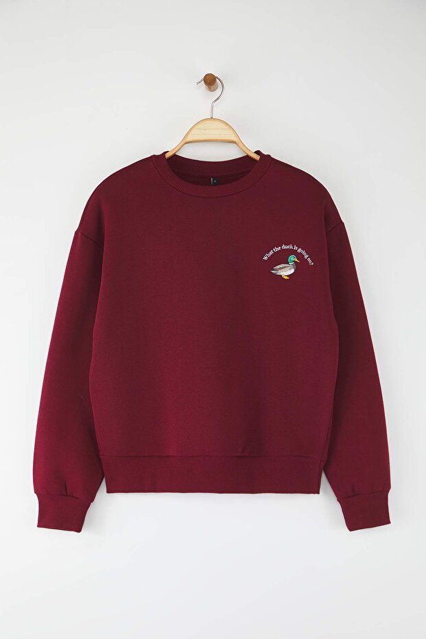 Bordo Animal Nakışlı Regular/Normal Kalıp Kalın İçi Polarlı Örme Sweatshirt TWOAW24SW00196 - 5