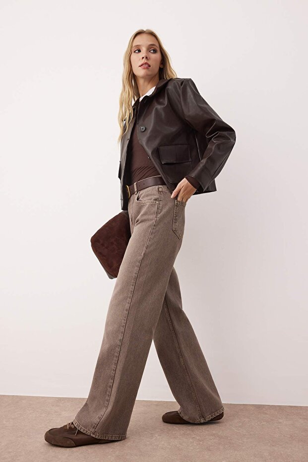Kahverengi Yüksek Bel Vintage Yıkama Geniş Paça Wide Leg %100 Pamuk Jeans TWOAW26JE00124 - 2
