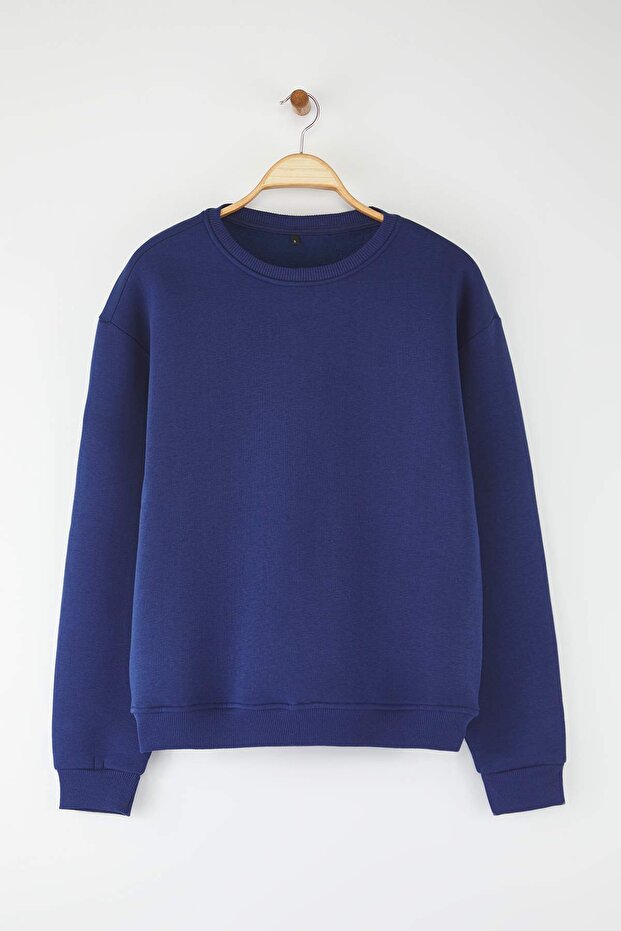 Lacivert Oversize/Geniş Kesim Pamuklu Basic İçi Polarlı Kalın Sweatshirt TMNAW25SW00011 - 10