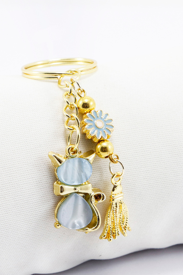 Handmade Daisy Cluster Blue Pearlescent Cute Kitten Keychain, Gift Keychain