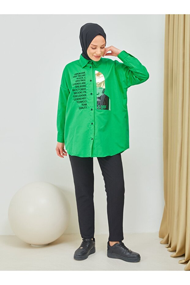 Embroidery and Stone Printed Tunic - Green - Sahra Butique