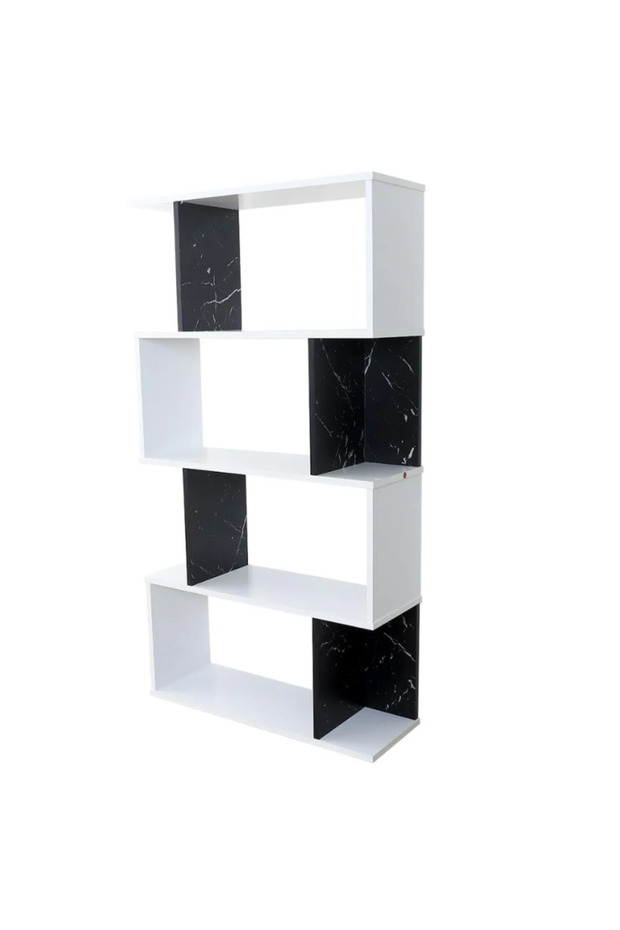 Open Shelf Unit 4 Levels - Malaysian Wood - White and Black Marble - 3