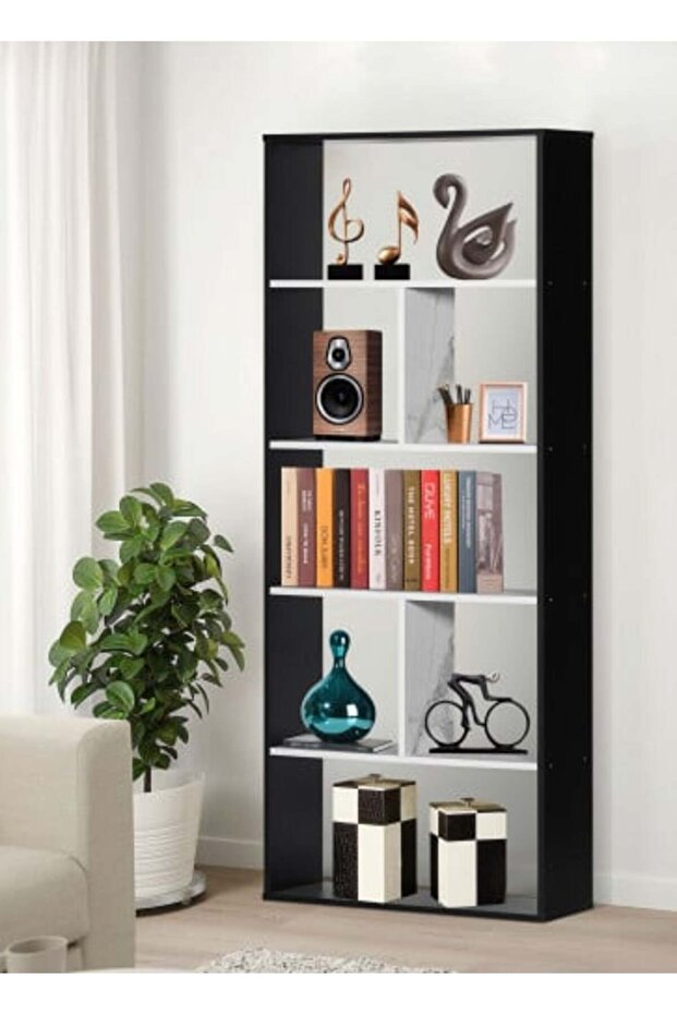 Open Shelf Unit 5-Tier Malaysian Wood - Black and White Marble - 1