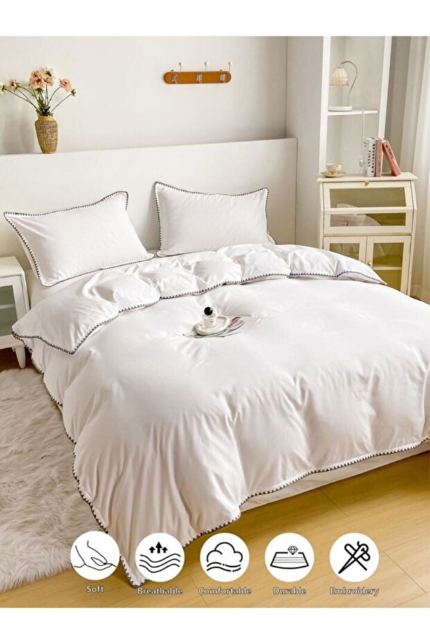 100% Cotton Double Bedding Set Ecru Oyster Stitching - 4