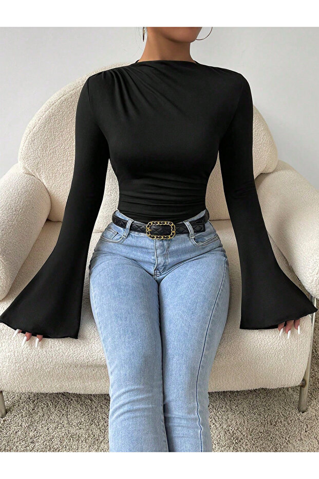 Women's Black Waist and Neck Drawstring Spanish Sleeve Blouse