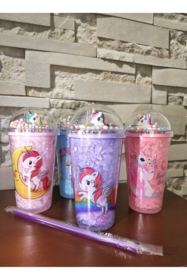Unicorn Baskılı Renkli Pipetli Bardak Suluk Matara - 3