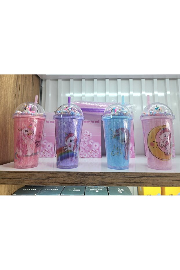 Unicorn Baskılı Renkli Pipetli Bardak Suluk Matara - 6
