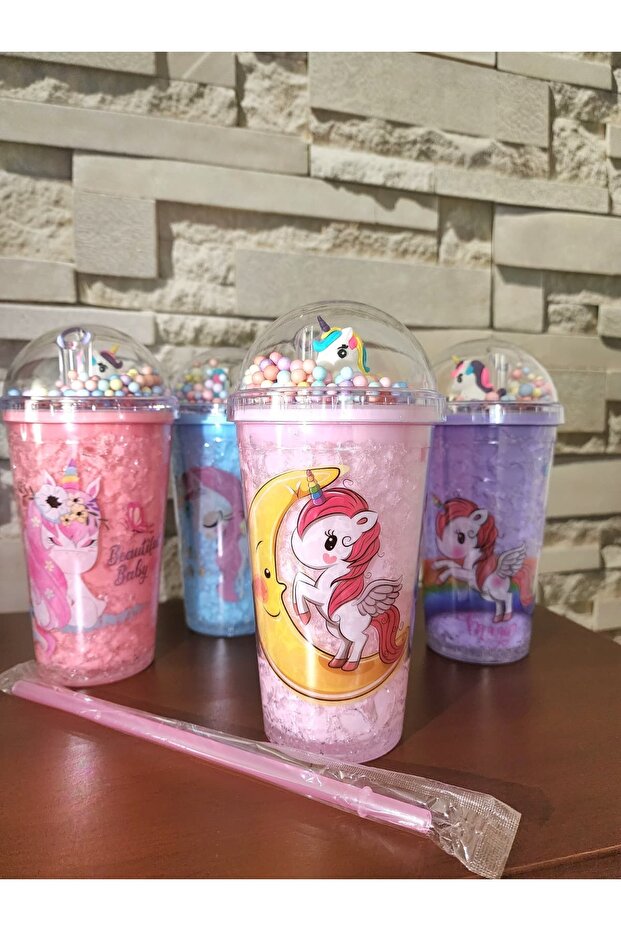 Unicorn Baskılı Renkli Pipetli Bardak Suluk Matara - 1
