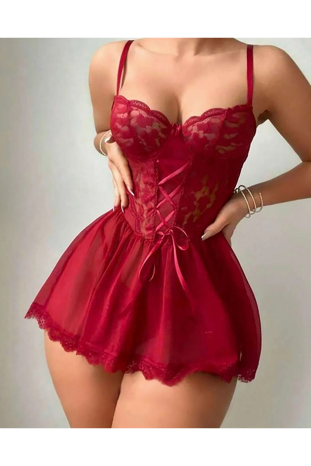 Reve De Mode Bordo Dantelli Tül Gecelik & Tanga