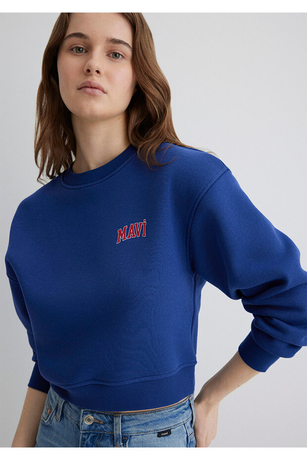 Logo Printed Navy Blue Crop Sweatshirt 1611601-70722