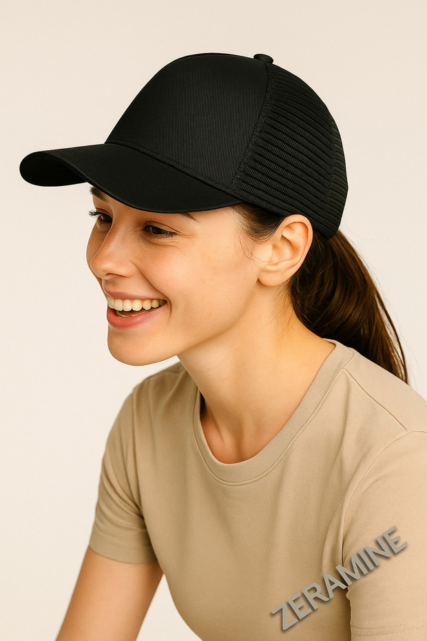 Siyah Düz Şapka Unisex Spor Şapka Fileli - 3